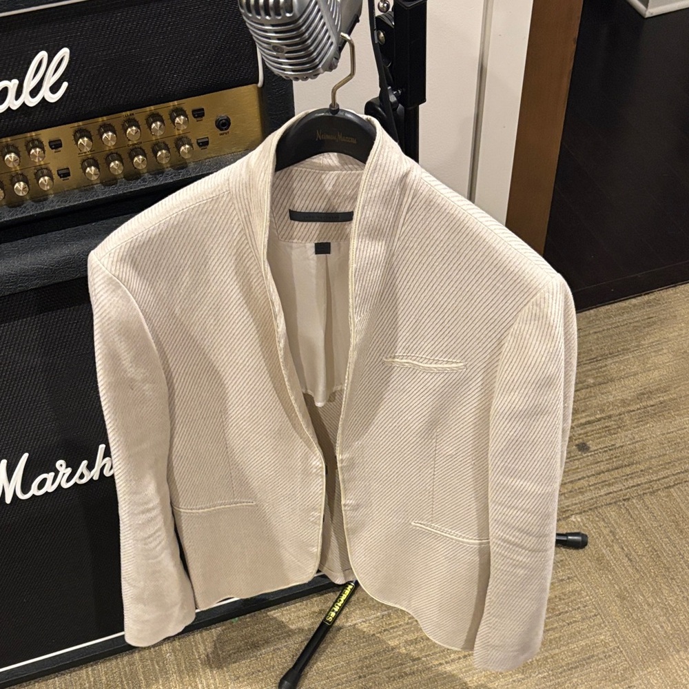 John Varvatos linen cotton blind shaw sport coat in cream and tan pinstripes